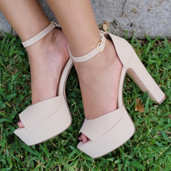 Nude High Chunky Heel Platform Ankle Strap Pump - Picture 2 of 9